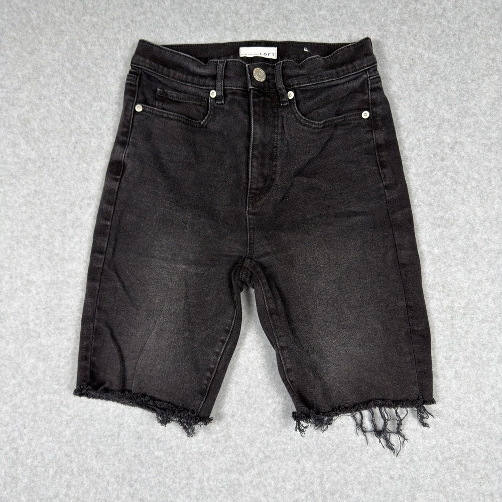 Loft Womens 26 Black High Rise Raw Hem Denim Bermuda Shorts Cut Off Grunge